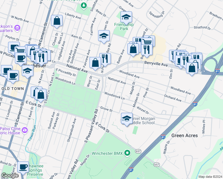 map of restaurants, bars, coffee shops, grocery stores, and more near 216 Kimberly Way in Winchester