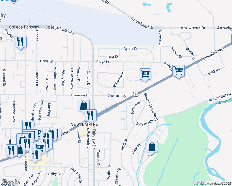 map of restaurants, bars, coffee shops, grocery stores, and more near 2525 Panamint Road in Carson City