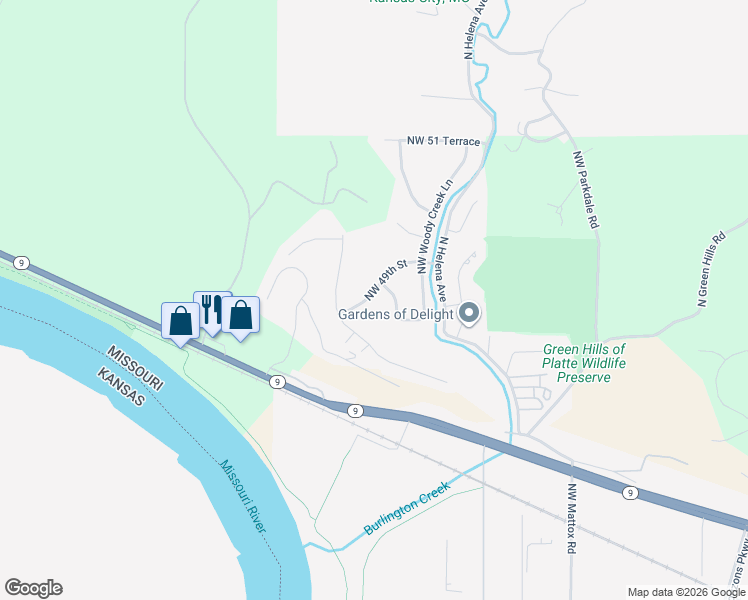 map of restaurants, bars, coffee shops, grocery stores, and more near 4886 Northwest Misty Lane in Kansas City