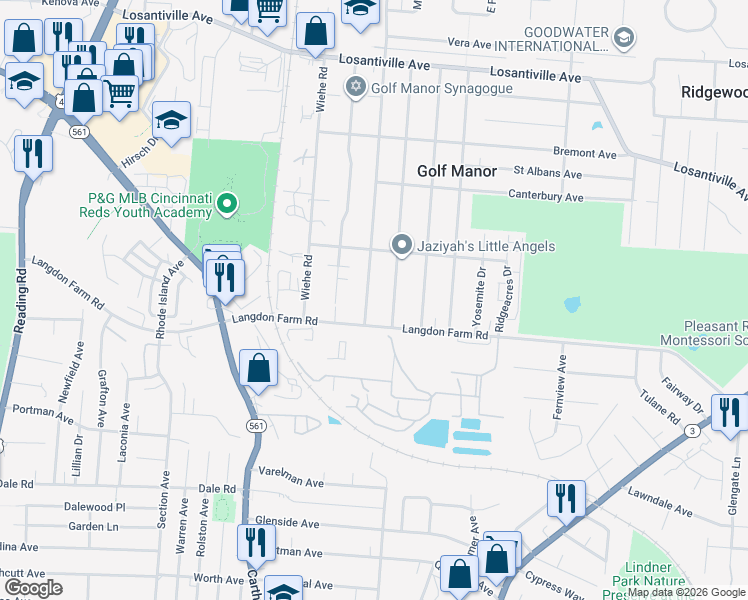 map of restaurants, bars, coffee shops, grocery stores, and more near 6024 Elbrook Avenue in Cincinnati