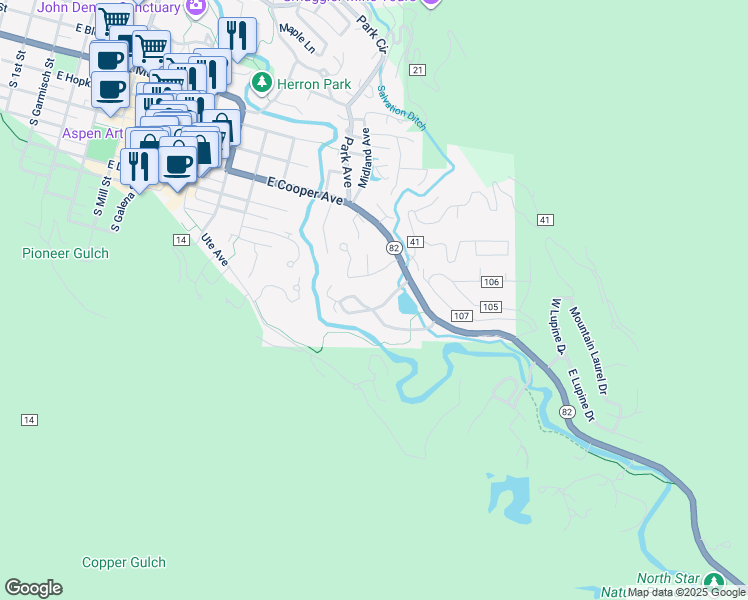 map of restaurants, bars, coffee shops, grocery stores, and more near 1404 Crystal Lake Rd in Aspen