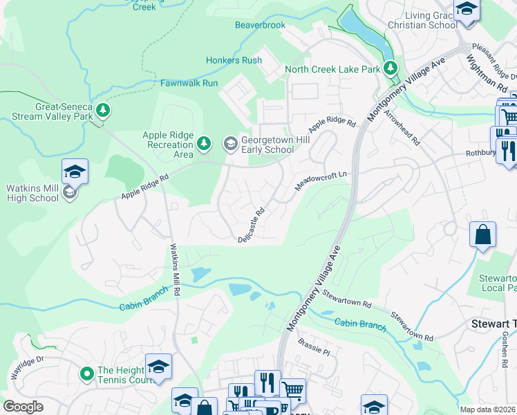 map of restaurants, bars, coffee shops, grocery stores, and more near 19901 Mastenbrook Place in Gaithersburg