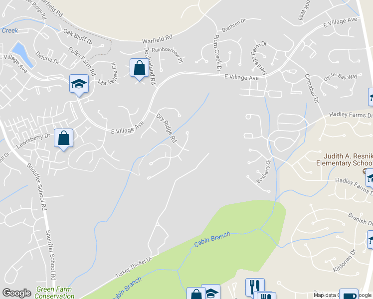 map of restaurants, bars, coffee shops, grocery stores, and more near 8105 Dry Ridge Road in Montgomery Village