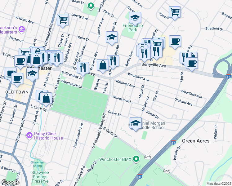 map of restaurants, bars, coffee shops, grocery stores, and more near 213 Kimberly Way in Winchester