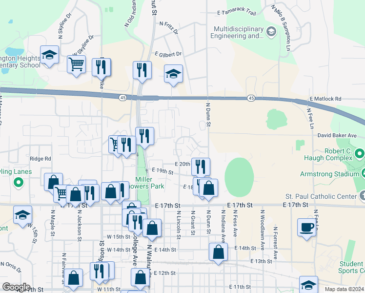 map of restaurants, bars, coffee shops, grocery stores, and more near 210 East Varsity Lane in Bloomington