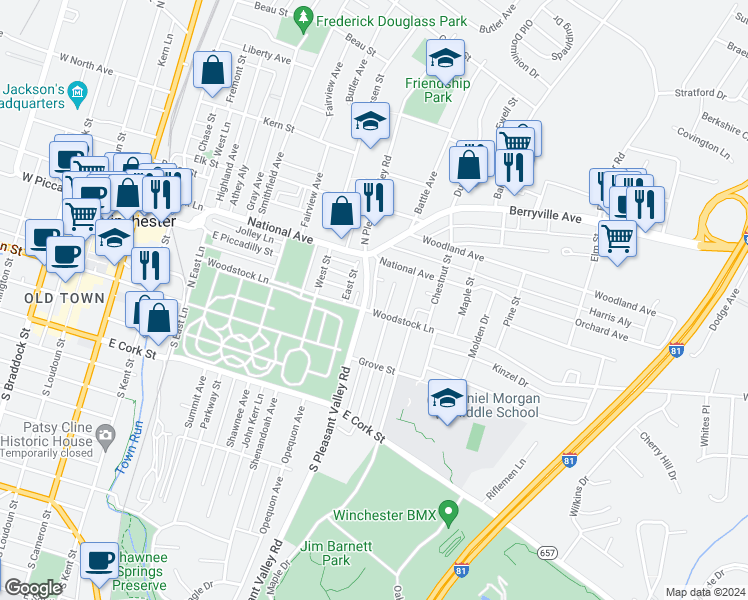 map of restaurants, bars, coffee shops, grocery stores, and more near 22 Raleigh Court in Winchester