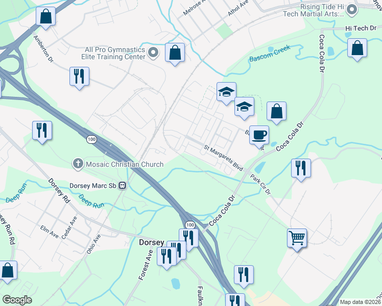 map of restaurants, bars, coffee shops, grocery stores, and more near 7054 Foxton Way in Elkridge
