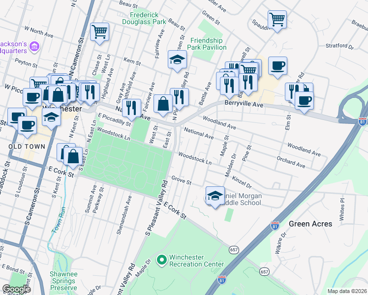 map of restaurants, bars, coffee shops, grocery stores, and more near 14 Raleigh Court in Winchester