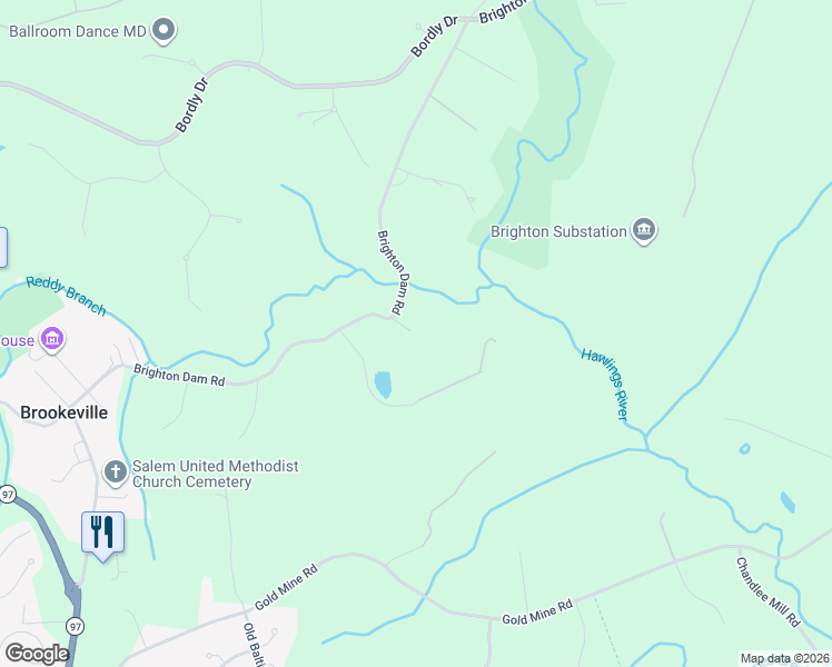 map of restaurants, bars, coffee shops, grocery stores, and more near 2240 Brighton Dam Road in Brookeville