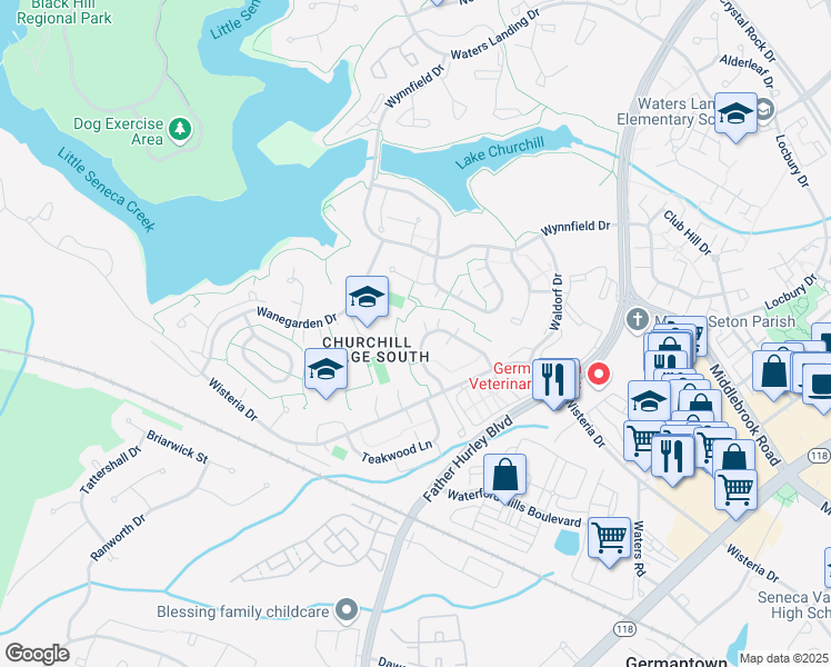 map of restaurants, bars, coffee shops, grocery stores, and more near 13519 Winterspoon Lane in Germantown