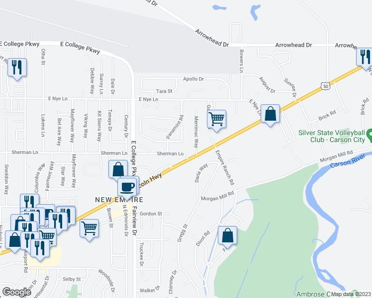 map of restaurants, bars, coffee shops, grocery stores, and more near 4258 Sherman Lane in Carson City