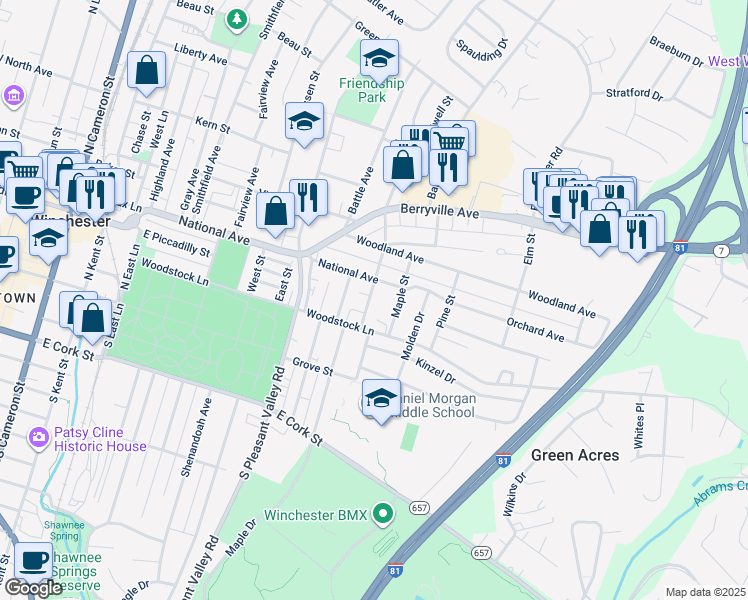 map of restaurants, bars, coffee shops, grocery stores, and more near 230 Chestnut Street in Winchester