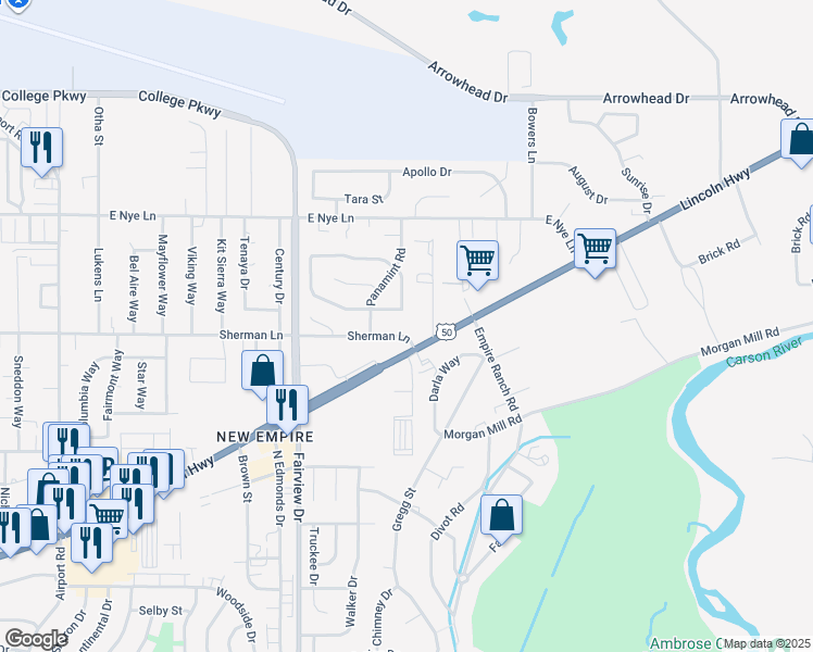 map of restaurants, bars, coffee shops, grocery stores, and more near 4240 Sherman Lane in Carson City