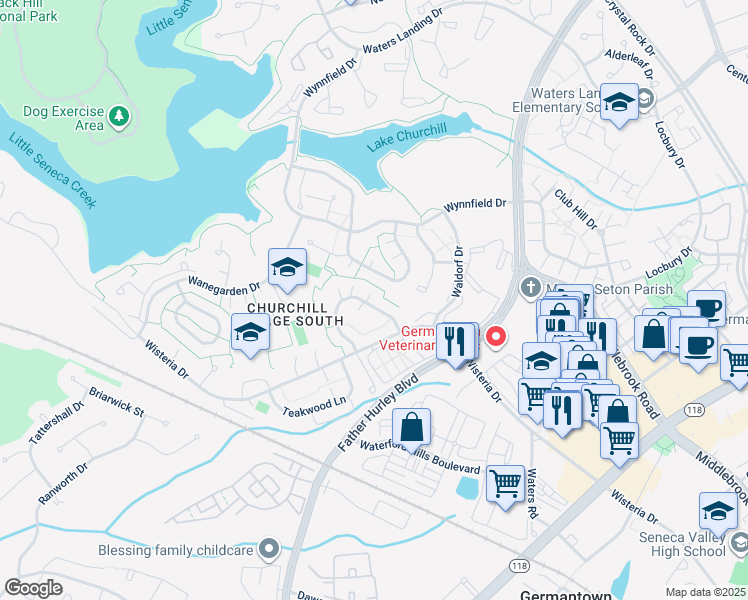 map of restaurants, bars, coffee shops, grocery stores, and more near 13425 Winterspoon Lane in Germantown