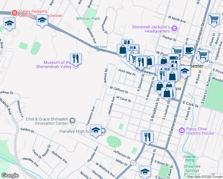 map of restaurants, bars, coffee shops, grocery stores, and more near 517 West Clifford Street in Winchester