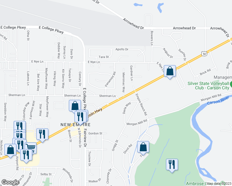 map of restaurants, bars, coffee shops, grocery stores, and more near 4240 Sherman Lane in Carson City