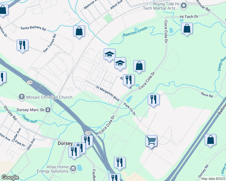 map of restaurants, bars, coffee shops, grocery stores, and more near 7010 Southmoor Street in Elkridge