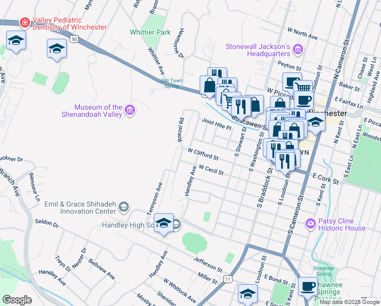 map of restaurants, bars, coffee shops, grocery stores, and more near 517 West Clifford Street in Winchester