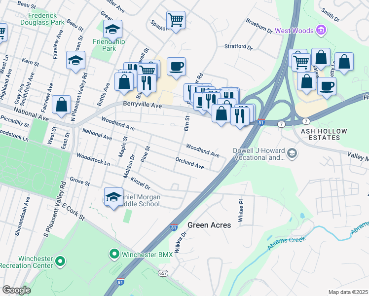 map of restaurants, bars, coffee shops, grocery stores, and more near 1007 Woodland Avenue in Winchester
