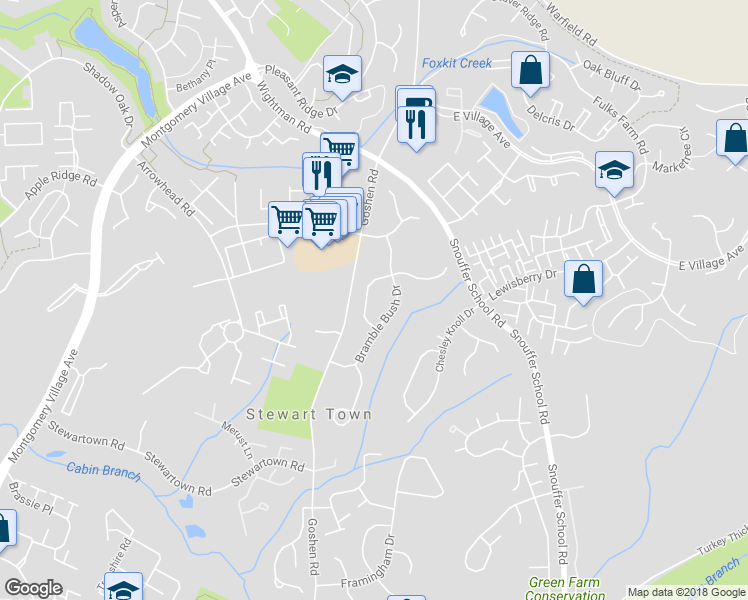 map of restaurants, bars, coffee shops, grocery stores, and more near 9120 Roundleaf Way in Gaithersburg