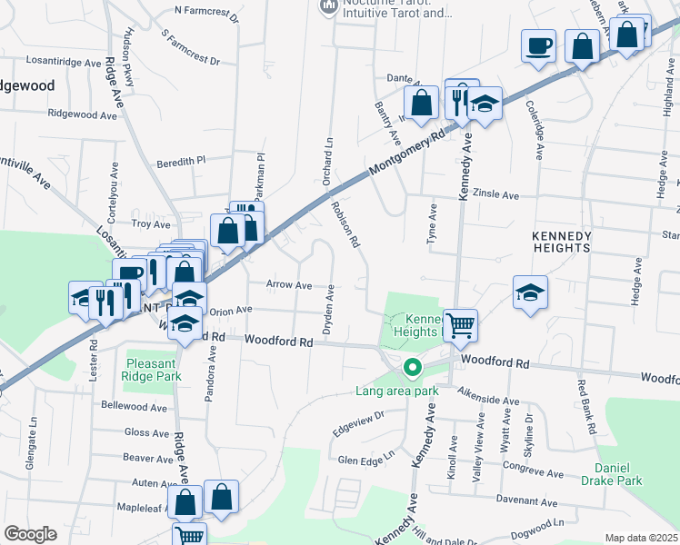 map of restaurants, bars, coffee shops, grocery stores, and more near 6072 Dryden Avenue in Cincinnati