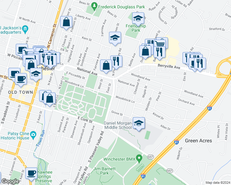 map of restaurants, bars, coffee shops, grocery stores, and more near 24 Raleigh Court in Winchester