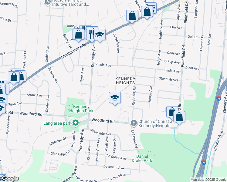 map of restaurants, bars, coffee shops, grocery stores, and more near 6187 Coleridge Avenue in Cincinnati