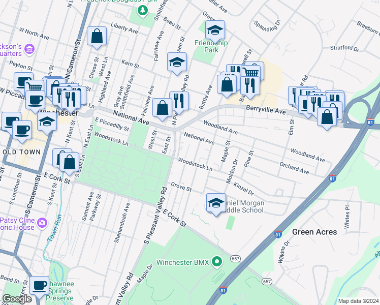 map of restaurants, bars, coffee shops, grocery stores, and more near 218 Kimberly Way in Winchester