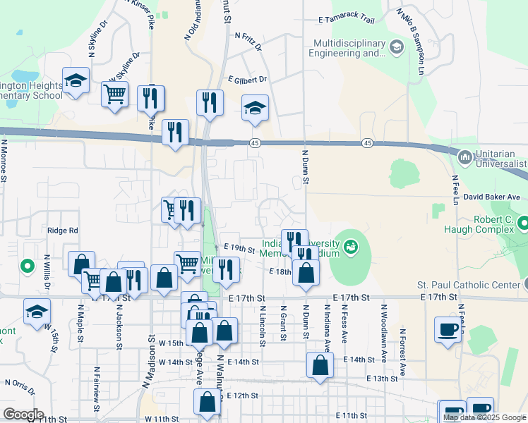 map of restaurants, bars, coffee shops, grocery stores, and more near 210 East Varsity Lane in Bloomington
