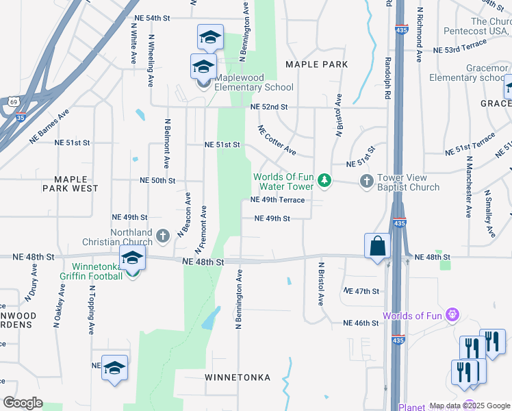 map of restaurants, bars, coffee shops, grocery stores, and more near 6617 Northeast 49th Terrace in Kansas City