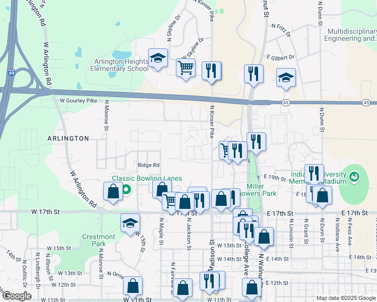 map of restaurants, bars, coffee shops, grocery stores, and more near 577 West Amaryllis Drive in Bloomington