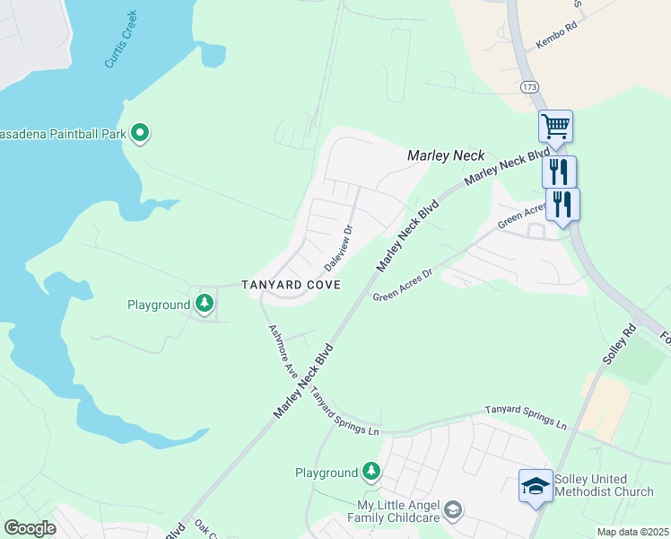 map of restaurants, bars, coffee shops, grocery stores, and more near 343 Daleview Drive in Glen Burnie