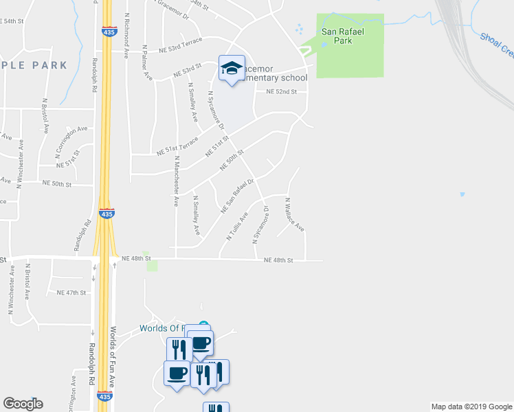 map of restaurants, bars, coffee shops, grocery stores, and more near 4841 North Tullis Avenue in Kansas City