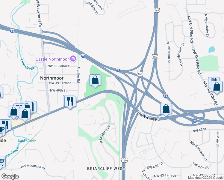 map of restaurants, bars, coffee shops, grocery stores, and more near 1102 Northwest Vivion Road in Kansas City