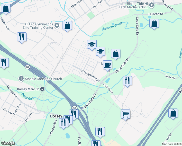 map of restaurants, bars, coffee shops, grocery stores, and more near 7003 Southmoor Street in Elkridge