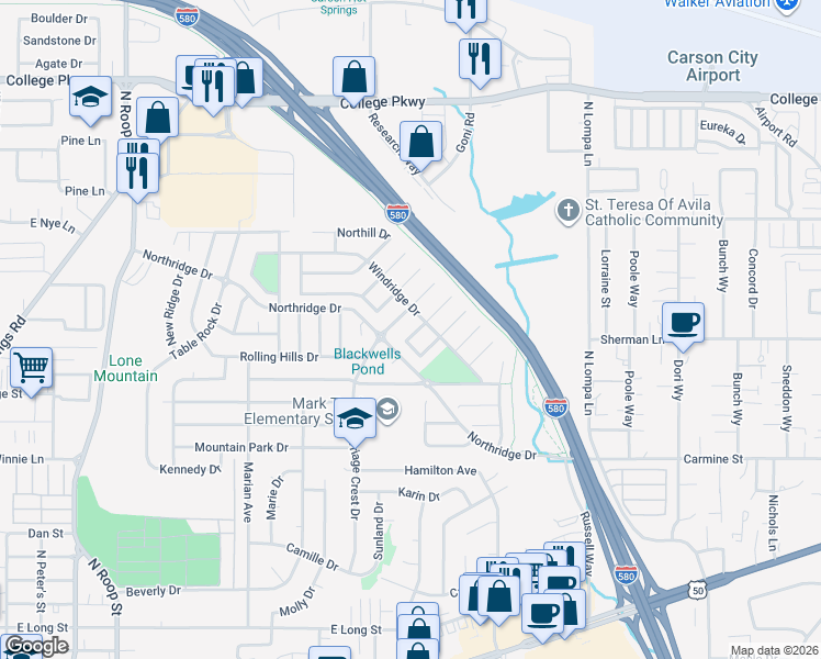 map of restaurants, bars, coffee shops, grocery stores, and more near 2530 Pinion Pine Drive in Carson City