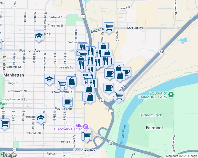 map of restaurants, bars, coffee shops, grocery stores, and more near 206 Frontage Road in Manhattan