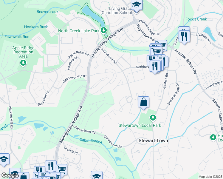 map of restaurants, bars, coffee shops, grocery stores, and more near 9451 Chatteroy Place in Montgomery Village