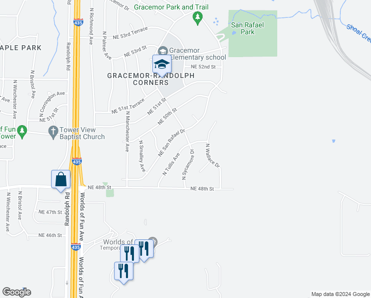 map of restaurants, bars, coffee shops, grocery stores, and more near 4843 Northeast Tullis Drive in Kansas City