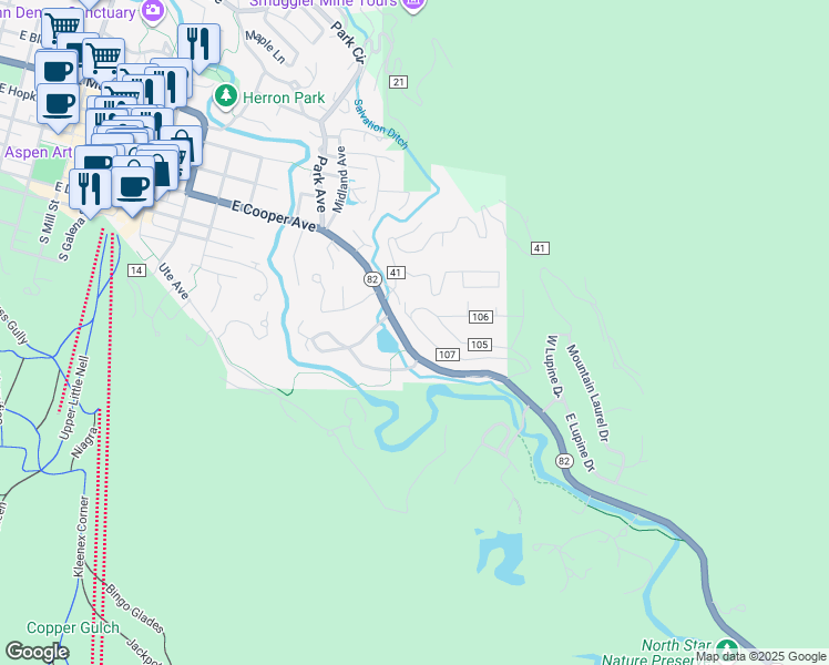 map of restaurants, bars, coffee shops, grocery stores, and more near 228-244 Eastwood Drive in Aspen