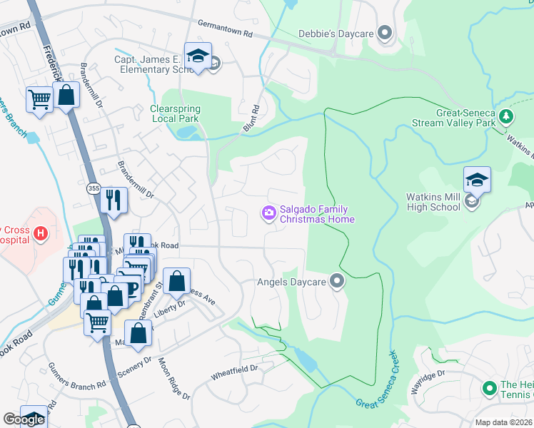 map of restaurants, bars, coffee shops, grocery stores, and more near 11109 Knights Court in Germantown