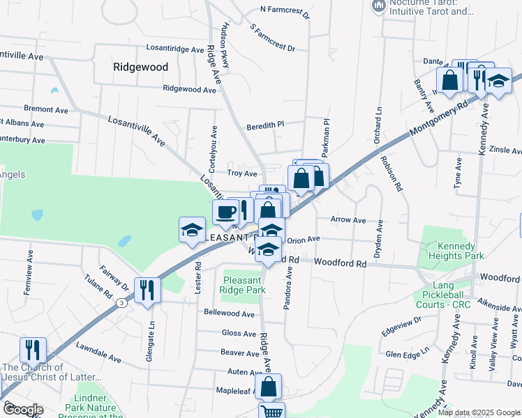 map of restaurants, bars, coffee shops, grocery stores, and more near 6125 Ridge Avenue in Cincinnati