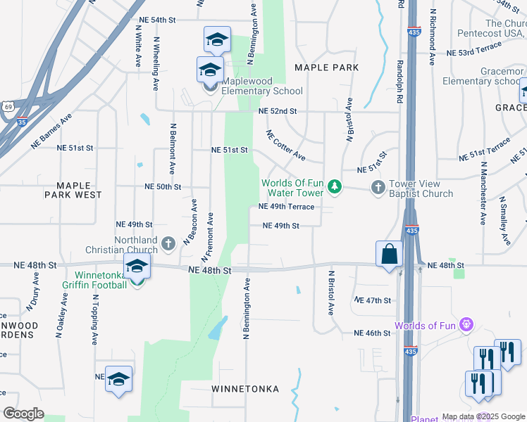 map of restaurants, bars, coffee shops, grocery stores, and more near 6613 Northeast 49th Terrace in Kansas City