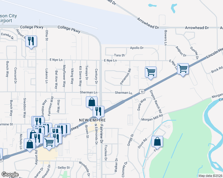 map of restaurants, bars, coffee shops, grocery stores, and more near 4056 Garson Court in Carson City