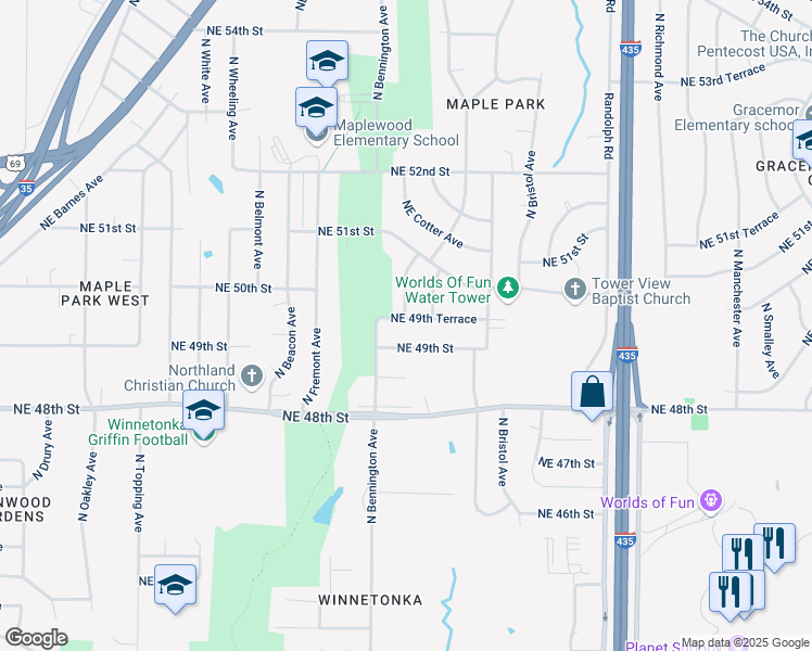 map of restaurants, bars, coffee shops, grocery stores, and more near 6617 Northeast 49th Terrace in Kansas City