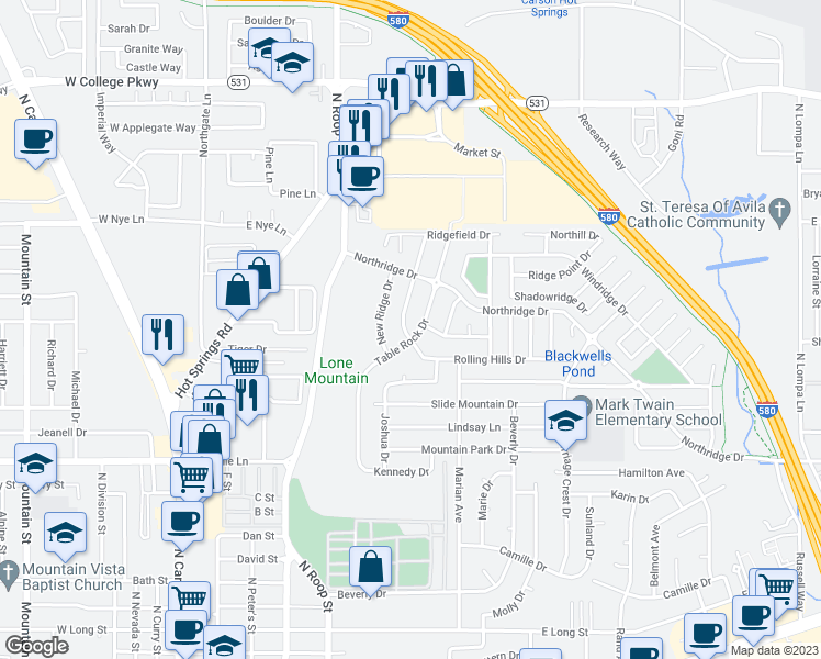 map of restaurants, bars, coffee shops, grocery stores, and more near 2588 Table Rock Drive in Carson City