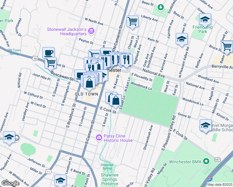 map of restaurants, bars, coffee shops, grocery stores, and more near 211 East Boscawen Street in Winchester