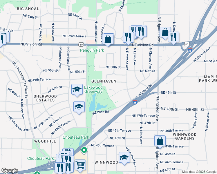 map of restaurants, bars, coffee shops, grocery stores, and more near 4823 North Kensington Circle in Kansas City