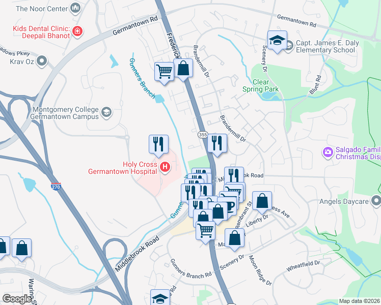 map of restaurants, bars, coffee shops, grocery stores, and more near 20000 Frederick Road in Germantown