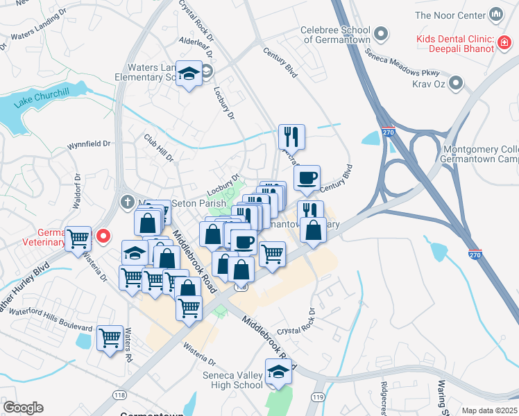map of restaurants, bars, coffee shops, grocery stores, and more near 12800 Rexmore Drive in Germantown
